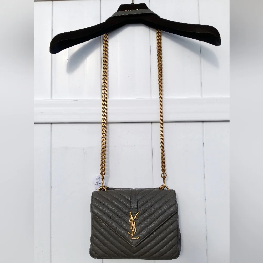 NEW SAINT LAURENT COLLEGE MEDIUM CHAIN BAG IN QUILTED LEATHER GREY GOLD - Picture 7 of 16
